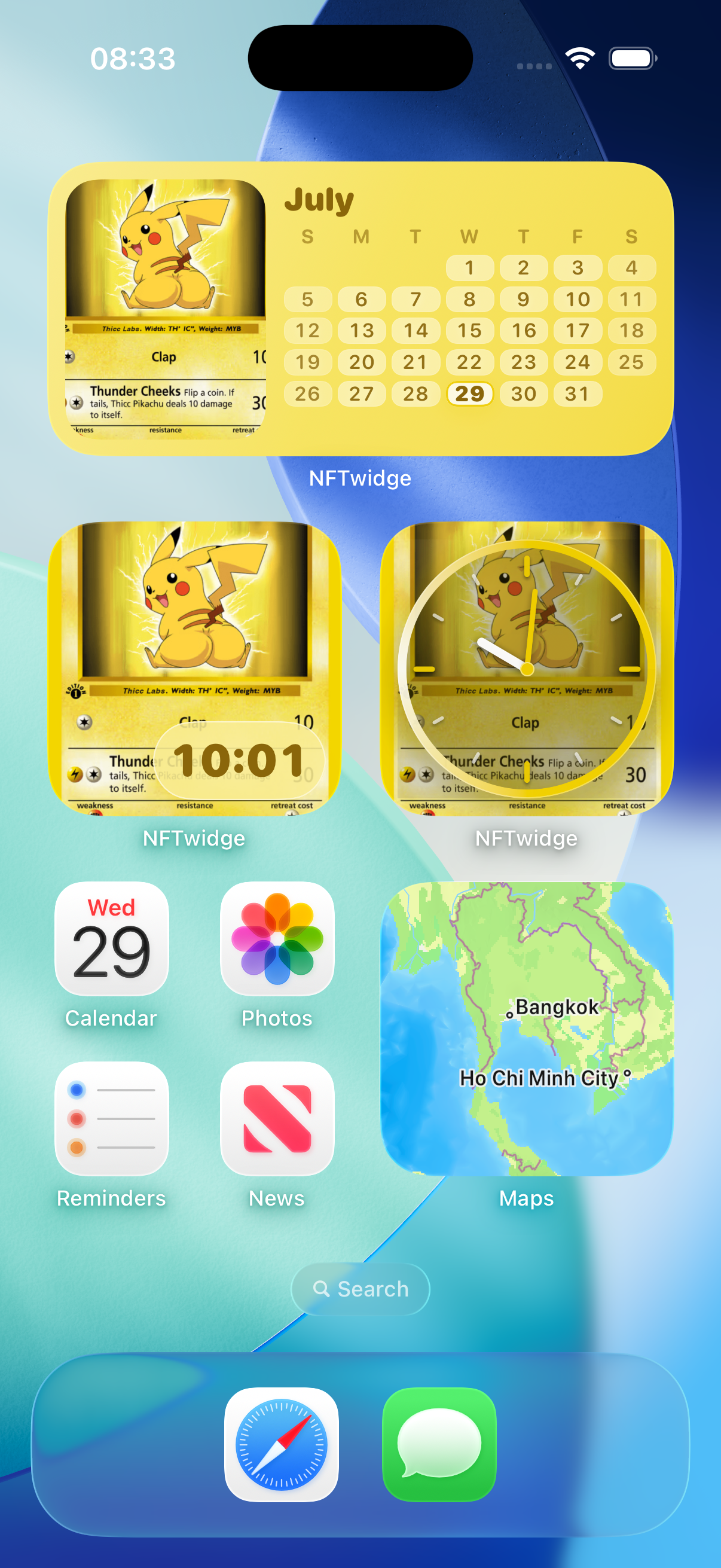 An iPhone Home Screen showing NFTwidge art, clock, and calendar widgets